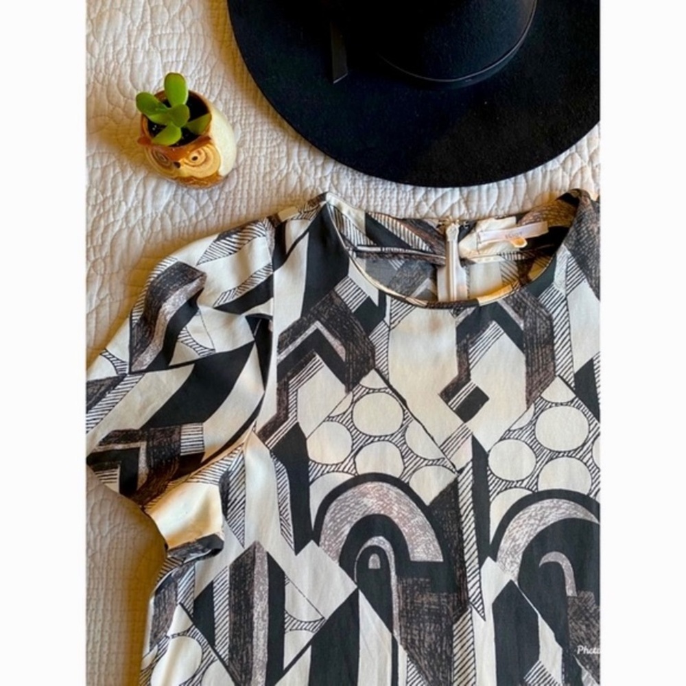 ELIOT Black Cream Vintage Short Sleeve Abstract Geometric Mini Dress Size 2 - Picture 8 of 10